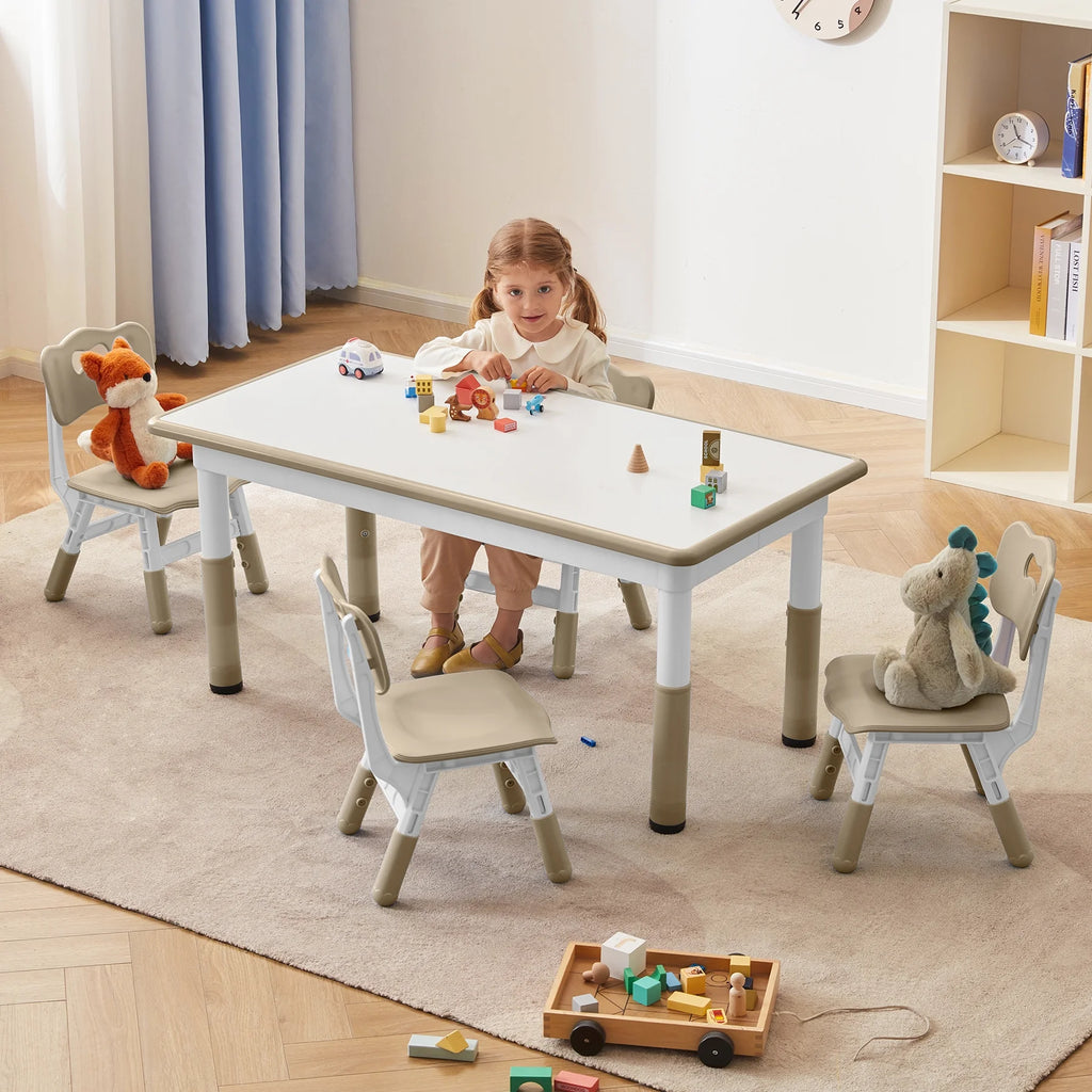 Toddler Table and Chairs Set for 4, 47.2''L x 23.6''W Kids Study Table and Chair Set, Height-Adjustable, Graffiti Desktop, Children Activity Table for Daycare, Classroom, Home