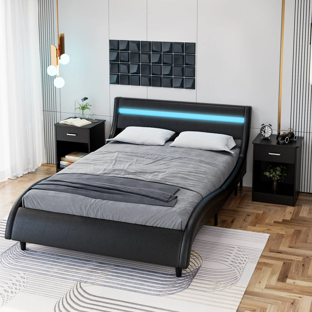 Homfa Full LED Bed, 16 Colors LED Lights Platform Bed Frame with Adjustable Upholstered Headboard, Black
