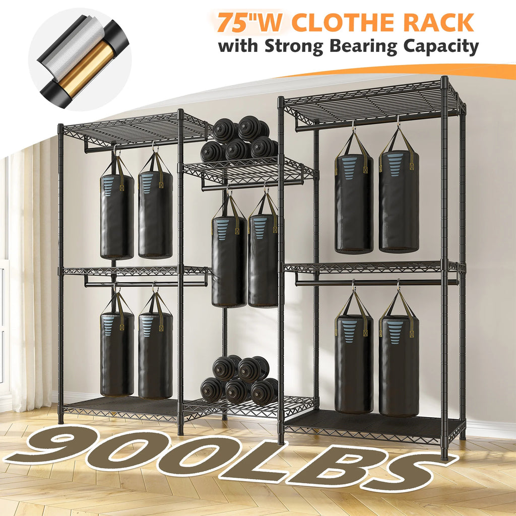Heavy Duty Clothes Rack with Cover Loads 900LBS, Clothing Racks for Hanging Clothes, Freestanding& Adjustable Closet with Cover, Black, 74.9" Wx17.8 Dx76.9 H