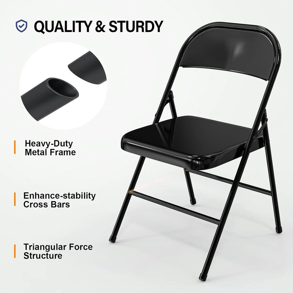 VINGLI Folding Chairs All Steel Metal Frame, Capacity 350 lbs, Durable Portable and Versatile for Indoor Outdoor Use, Black, Set of 8