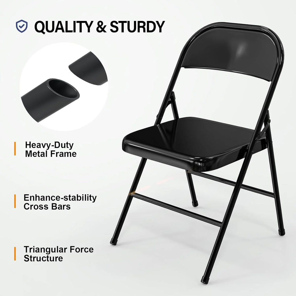 VINGLI Folding Chairs All Steel Metal Frame, Capacity 350 lbs, Durable Portable and Versatile for Indoor Outdoor Use, Black, Set of 8