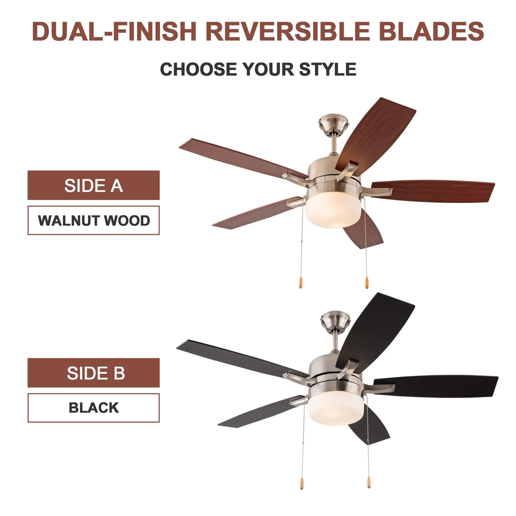 Simpol 52" Prominent Indoor Ceiling Fan with LED Light, Pull Chain and Remote Control, Reversible AC Motor, Walnut/Silver Reversible Blades and Satin Nickel Finish