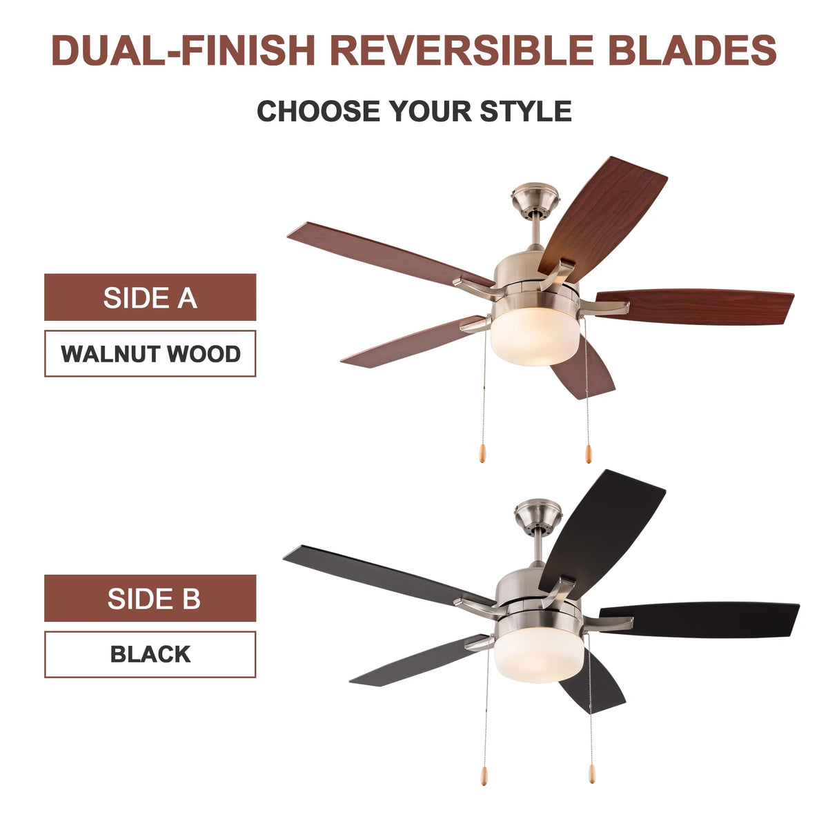 Simpol 52" Prominent Indoor Ceiling Fan with LED Light, Pull Chain and Remote Control, Reversible AC Motor, Walnut/Silver Reversible Blades and Satin Nickel Finish