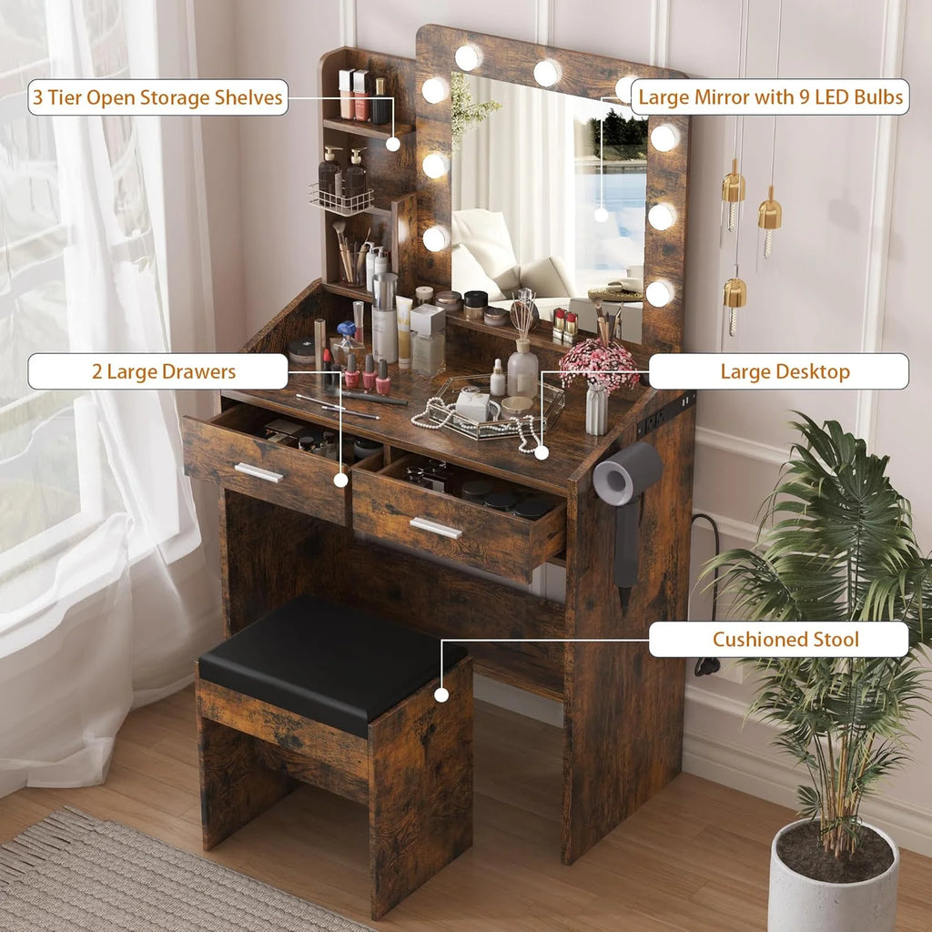 OYang Makeup Vanity with Lights, Vanity Desk with Mirror and Lights Set, Large Drawer and Two-Tier Lots Storage Cabinet, 3 Lighting Modes Adjustable Brightness