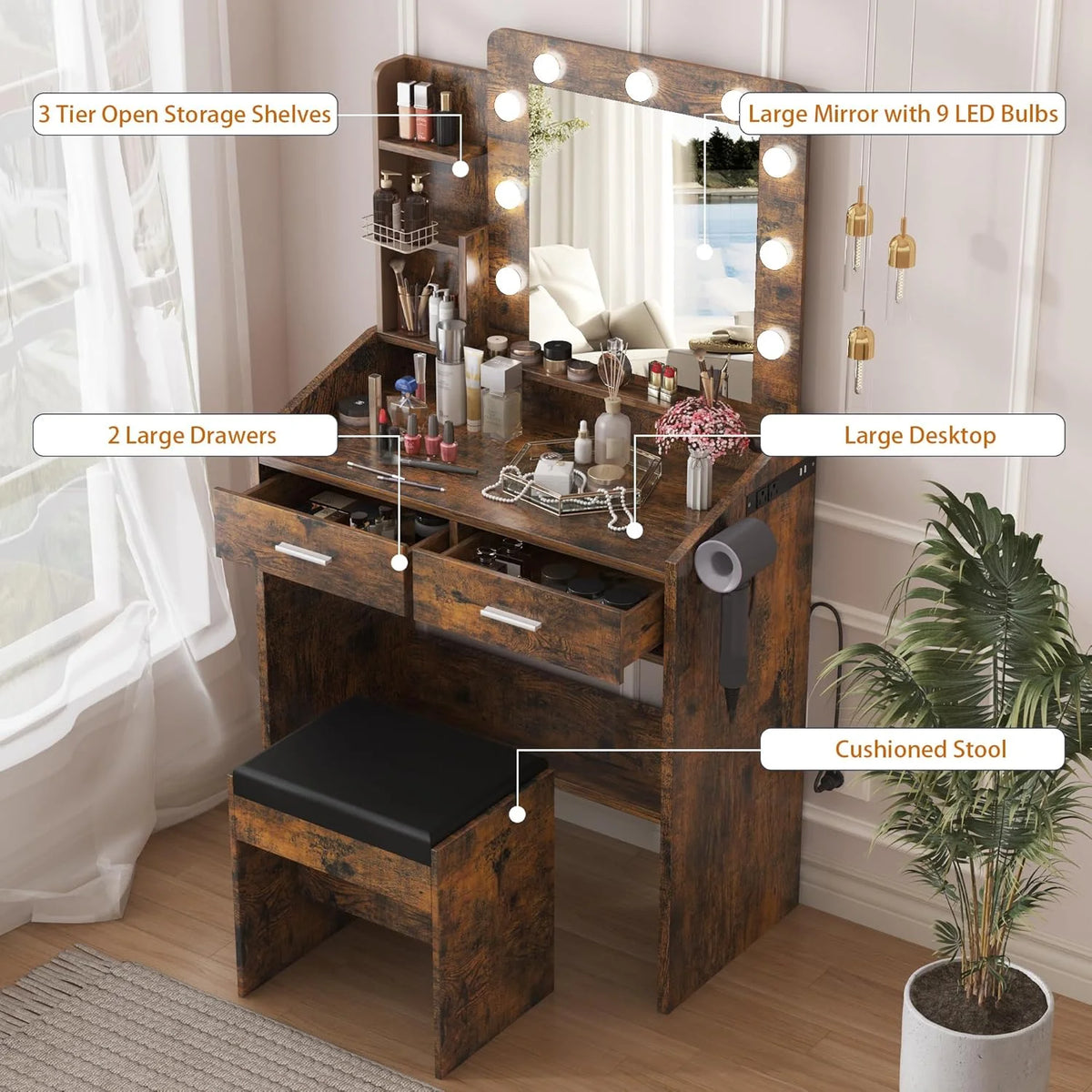 OYang Makeup Vanity with Lights, Vanity Desk with Mirror and Lights Set, Large Drawer and Two-Tier Lots Storage Cabinet, 3 Lighting Modes Adjustable Brightness