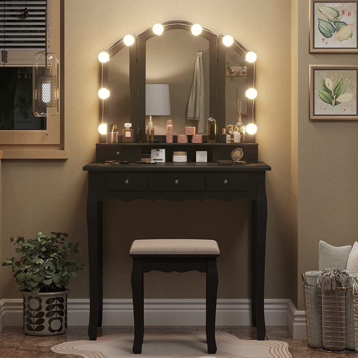 Afuhokles Vanity Table Set with Lighted Tri-Fold Mirror and Stool, Makeup Vanity Dressing Desk 5 Drawers, White
