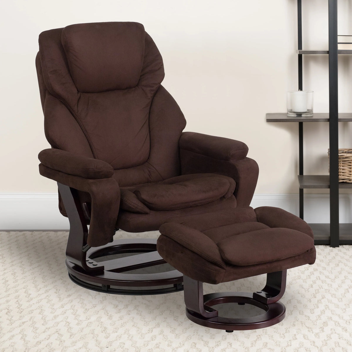 Emma + Oliver Multi-Position Recliner & Ottoman with Swivel Wood Base in Brown Microfiber