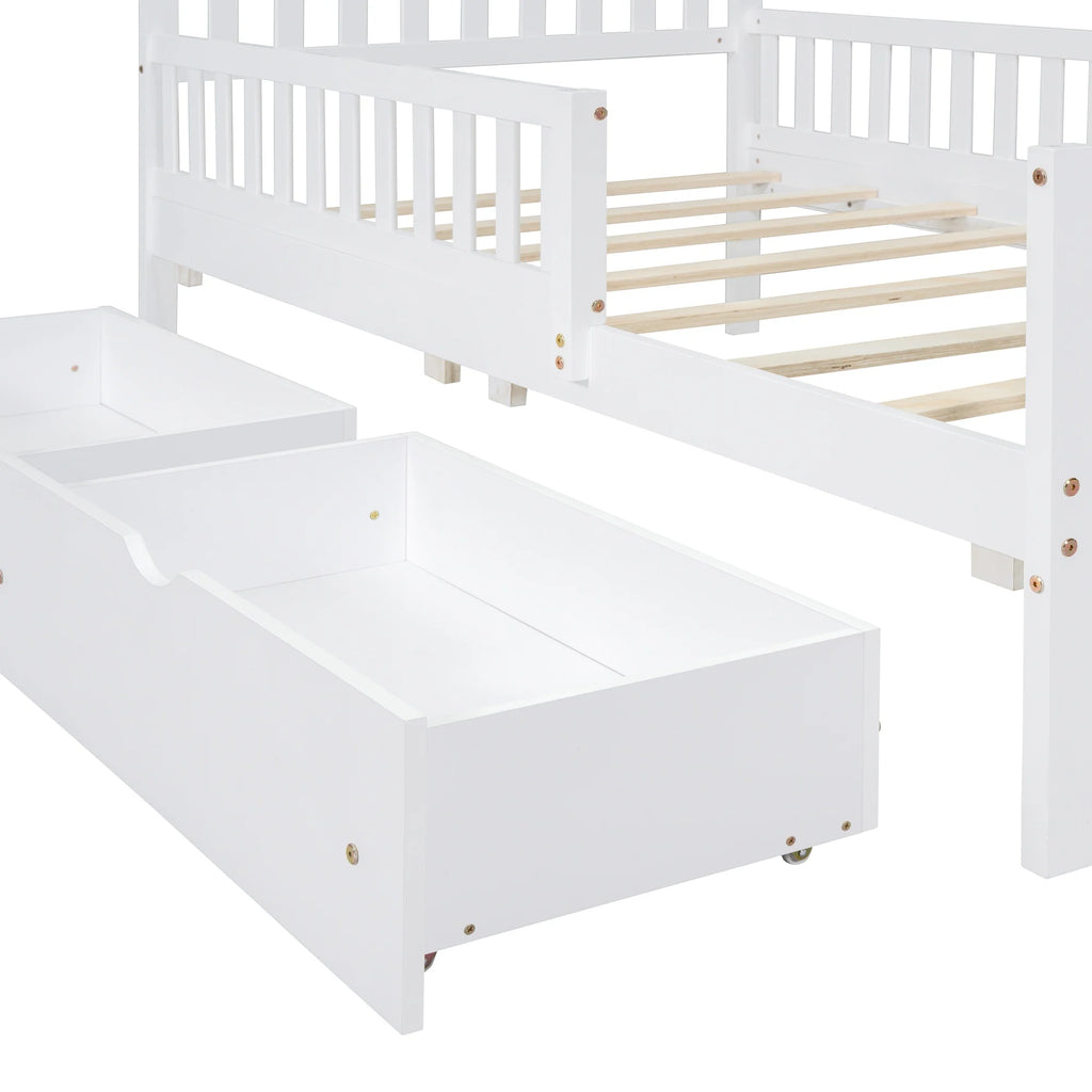 Bellemave Twin Bed with Storage Drawers and Fence Rails, Wood Platform Beds Frame with Headboard, Twin Size Storage Bed for Kids Boys Girls Teens White)