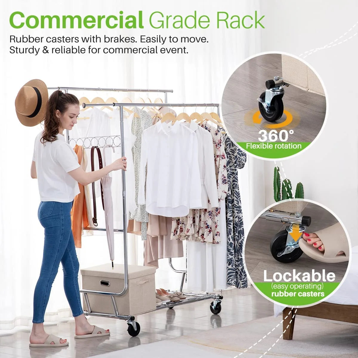 HOKEEPER 700 lbs Commercial Grade Heavy Duty Garment Rack with Shelves Collapsible Clothing Racks on Wheels Rolling Clothes Rack for Hanging Clothes Portable Adjustable, Chrome Finish