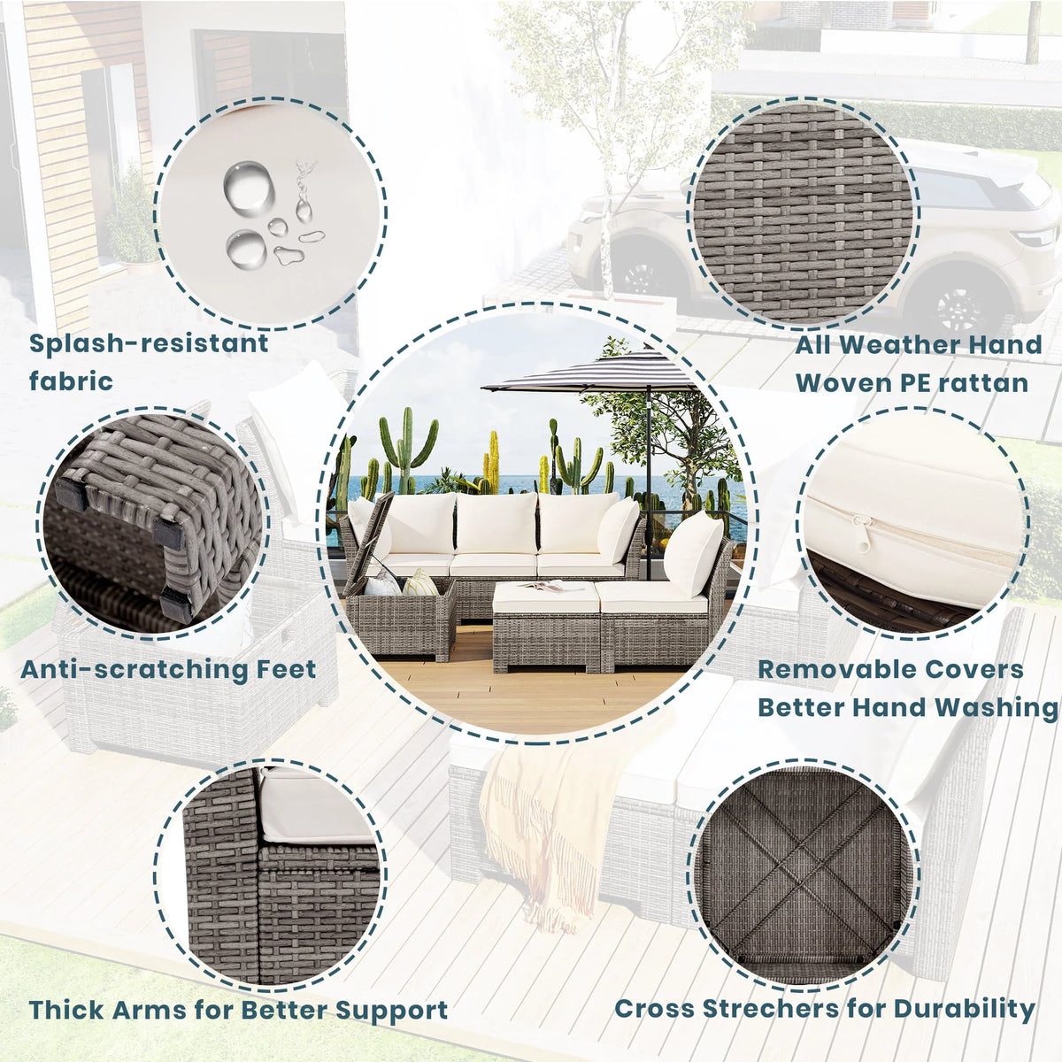 Euroco 6-Piece Outdoor Sofa Set with Storage Box, PE Wicker Seating Set for 5, Beige