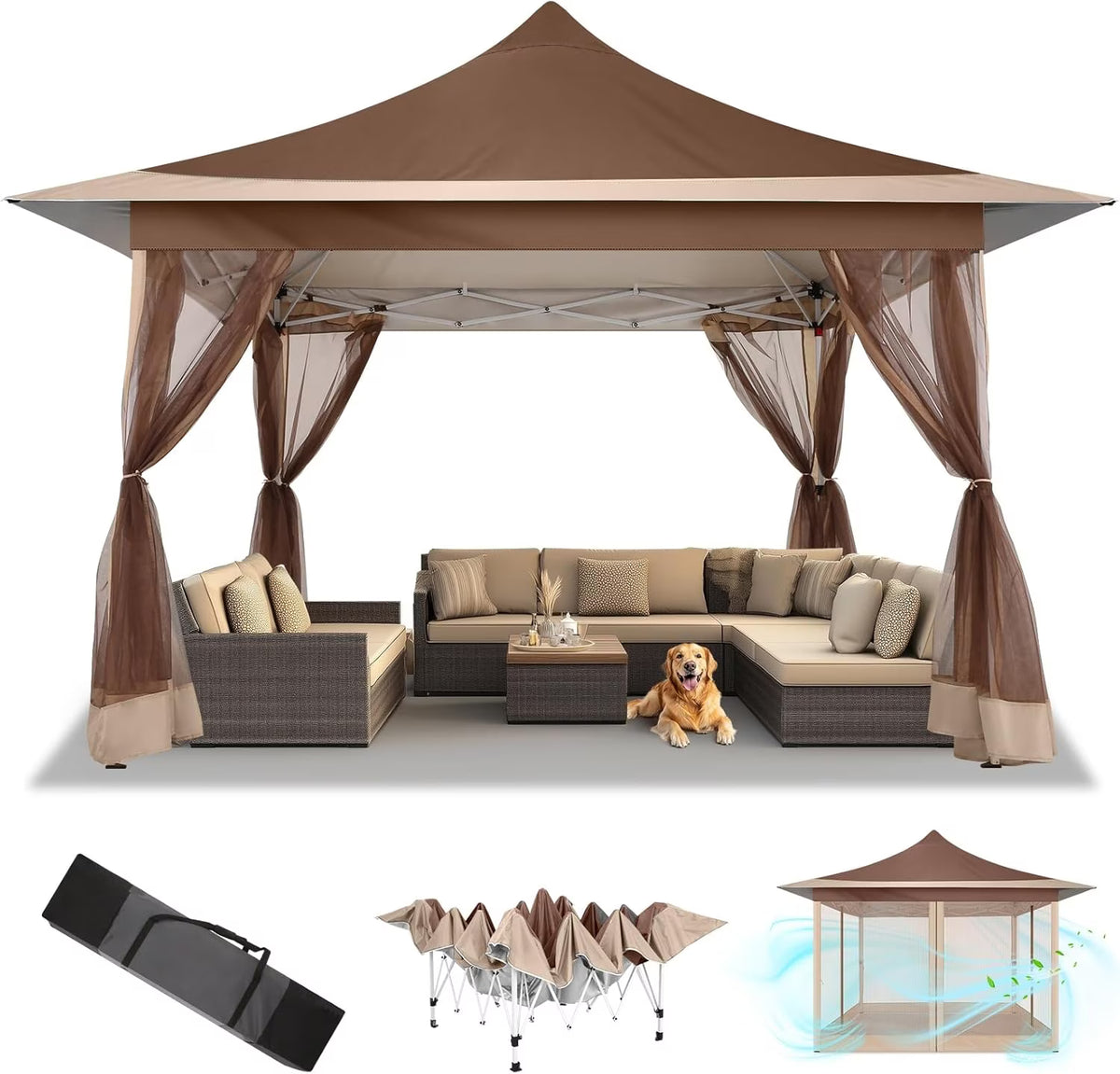 HOTEEL 12x12 Outdoor Pop-up Gazebo Canopy with Mosquito Netting 2-Tiered Vented Top 3 Adjustable Height for Backyard, Garden, Lawn,Light Grey