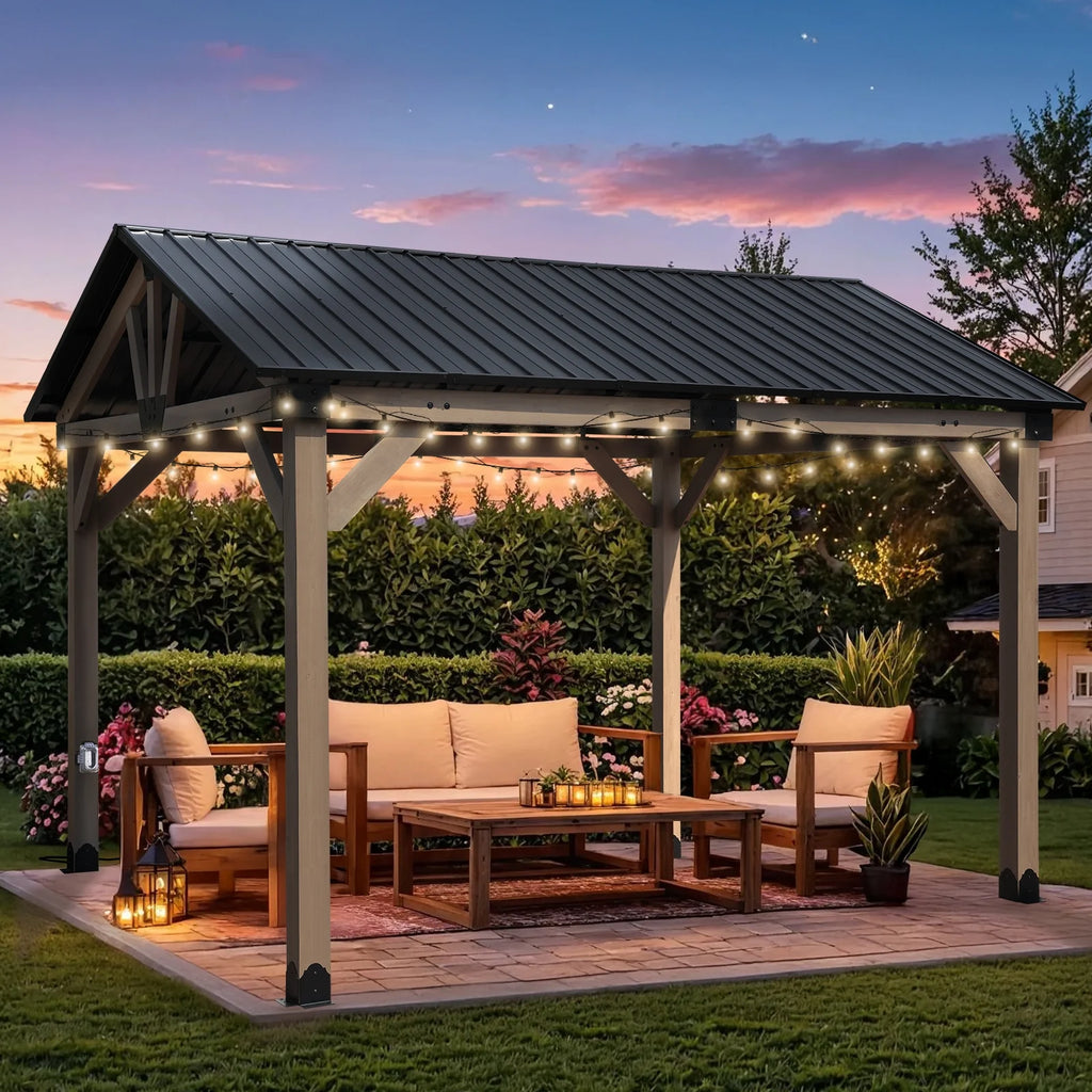 Aoodor 10 x 12 ft Wooden Frame Gazebo with 2-Tier Galvanized Metal Hardtop Roof, Outdoor Patio Gazebo with Charging Socket for Patio, Backyard, Deck, and Lawn
