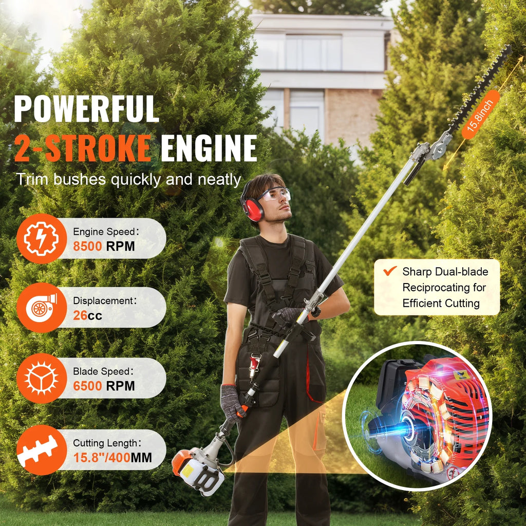 KFFKFF 26CC 5-in-1 Versatile Gardening Tools, Gas-Powered Hedge Trimmer, Grass Cutter, Line Trimmer, Edger, and Pole Saw with Extendable Shaft