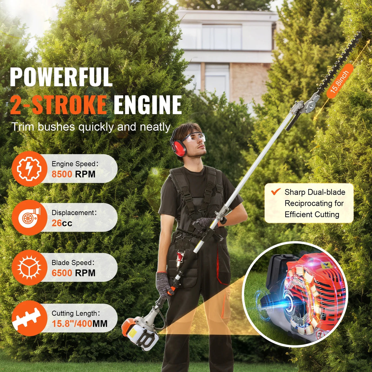KFFKFF 26CC 5-in-1 Versatile Gardening Tools, Gas-Powered Hedge Trimmer, Grass Cutter, Line Trimmer, Edger, and Pole Saw with Extendable Shaft