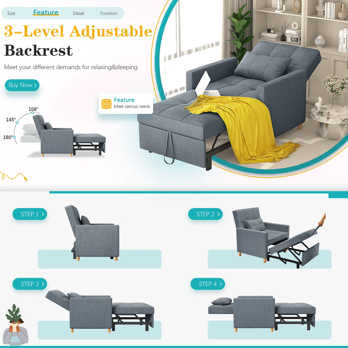 YODOLLA Sleeper Sofa Chair 3 in 1 Sleeper Chairs for Adults Pull Out Chair Bed Sleeper with Extra Pillow and Convertible Backrest Multi-Functional Fold Out Chair Bed for Small Space (Dark Grey)