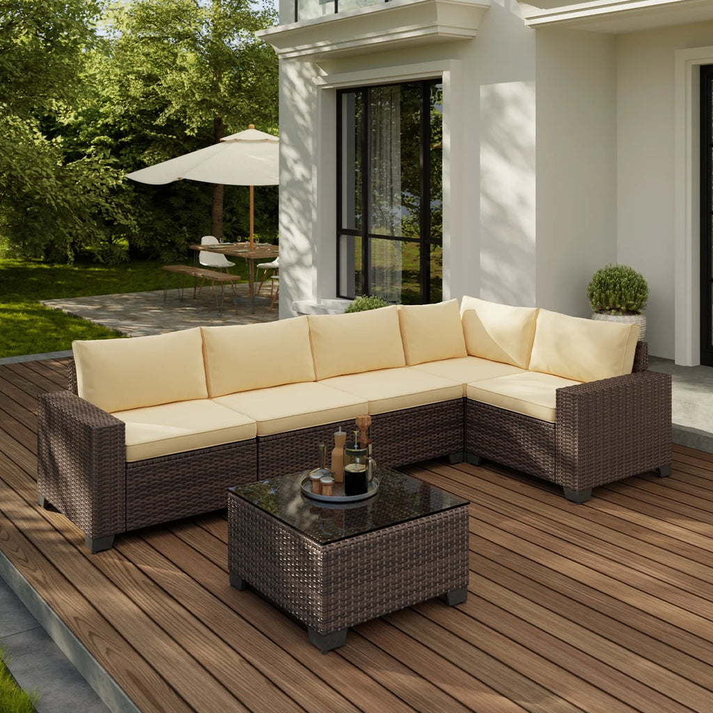 7 Piece Outdoor Patio Furniture Set, Asofer Rattan Wicker Outdoor Conversation Sectional Sofa Set, Gray