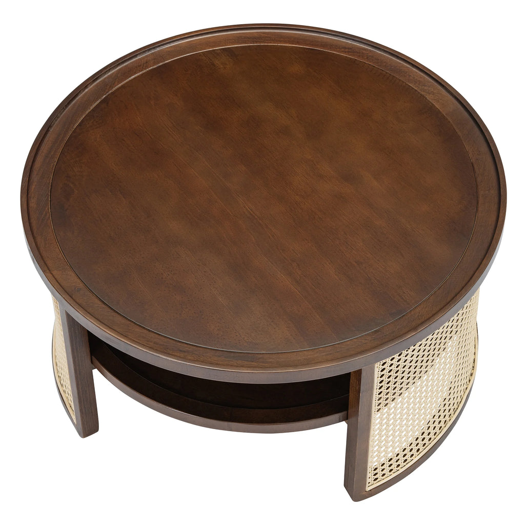 Harper & Bright Designs Rattan Round Coffee Table with Storage Shelf, Round Cane Wood Center Table for Living Room, 37'' Brown