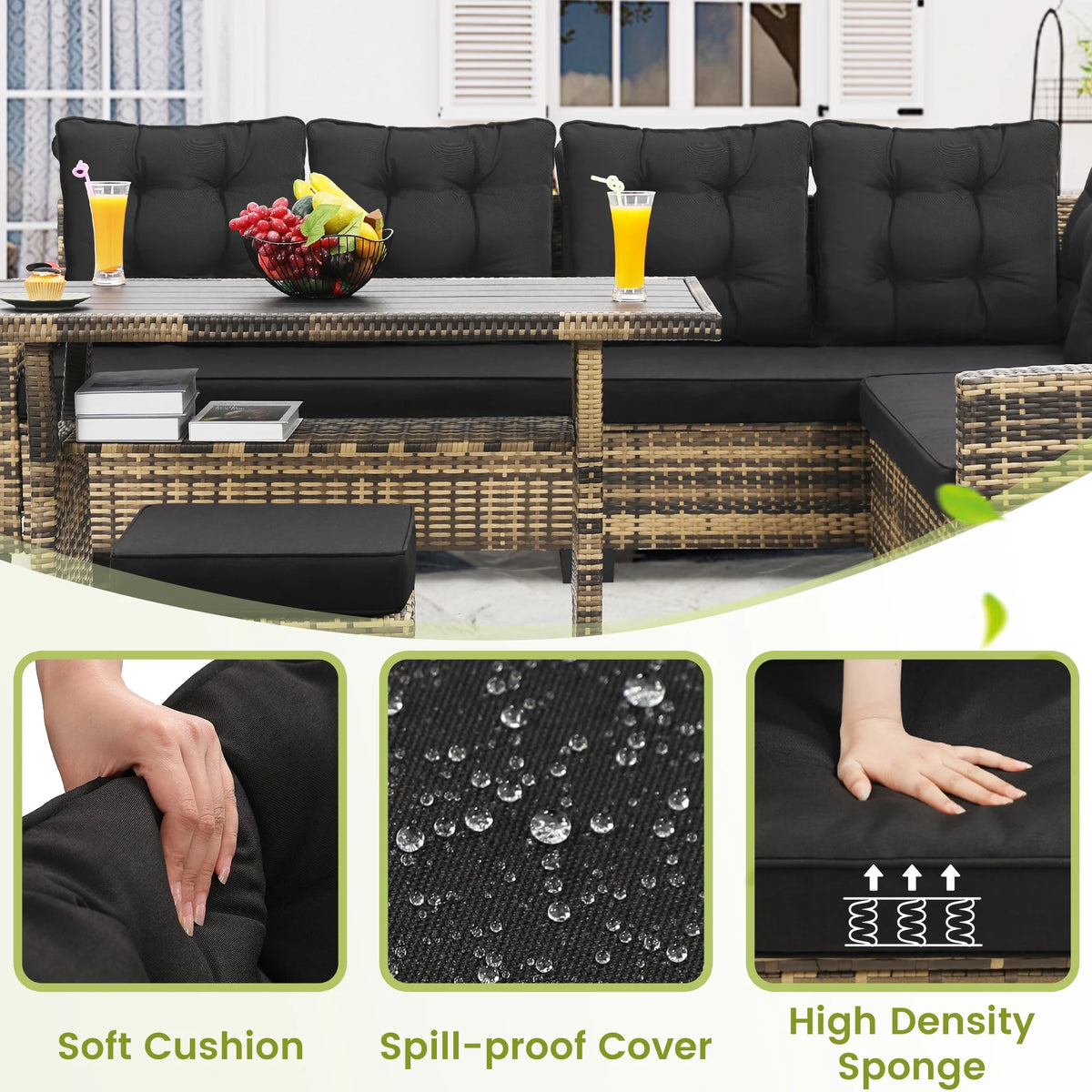 LOGYAT 6 Piece All Weather Outdoor Sectional Set, with 2 Sofas, 2 Ottomans with 1 Table, Patio Conversation Furniture for Deck, Garden, Natural Wicker and Black Cushions