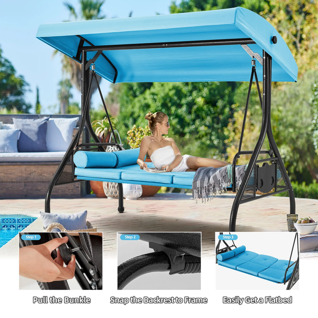 Homrest 3 Seat Outdoor Porch Swing with Adjustable Canopy, Cushions, and Cup Holder - Wine Red