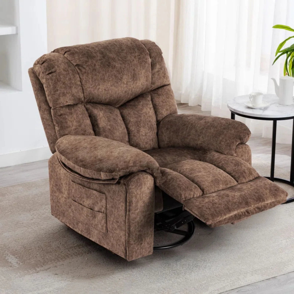 Colerline 35.43" Wide Modern Velvet Upholstered Heating & Massage Swivel Reclining Rocker Chair with Hidden Cupholders for Living Room and Bedroom, Brown