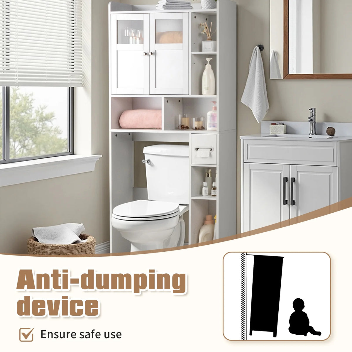 Ktaxon Over the Toilet Bathroom Storage Cabinet with 2 Doors & 3 Storage Shelves Space Saver, White
