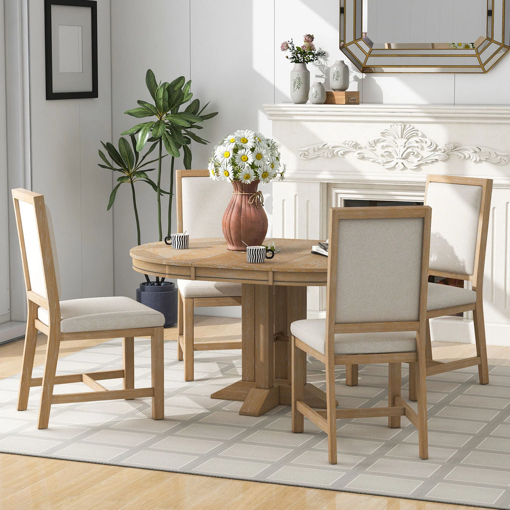 5 Piece Round Dining Table Set, Dining Room Set with Extendable Table and 4 Upholstered Chairs, Wood Dining Table Set for 4, Farmhouse Dining Table Set for Kitchen Dining Room Dorm Apartment, Brown