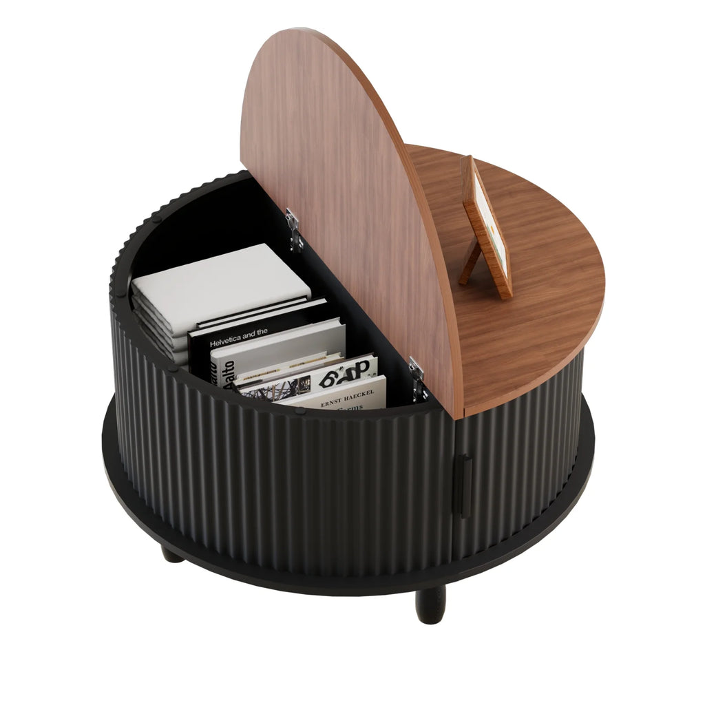 RUMLIVE Round Coffee Table with Storage, 30.7" Modern Coffee Table with 360 Curved Sliding Door, Fluted Wood Coffee Table with Footpads, Round Center Table for Living Room, Black