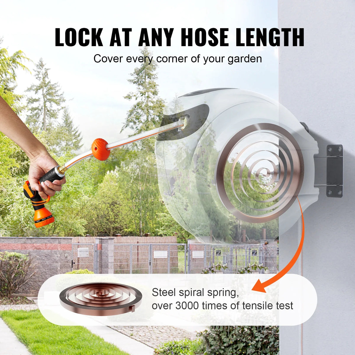 VEVOR Retractable Hose Reel, 100 ft x 1/2 inch, 180 Swivel Bracket Wall-Mounted, Garden Water Hose Reel with 9-Pattern Nozzle, Automatic Rewind, Lock at Any Length, and Slow Return System
