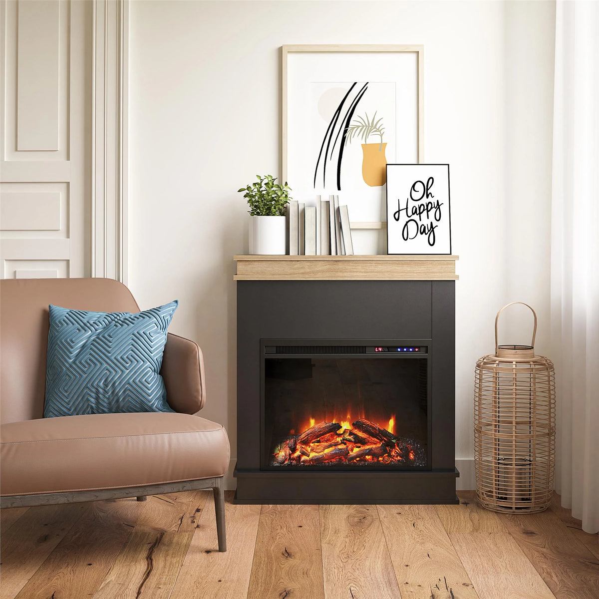 Mateo Electric Fireplace with Mantel and Touchscreen Display, Ivory Oak with Rustic Mantel