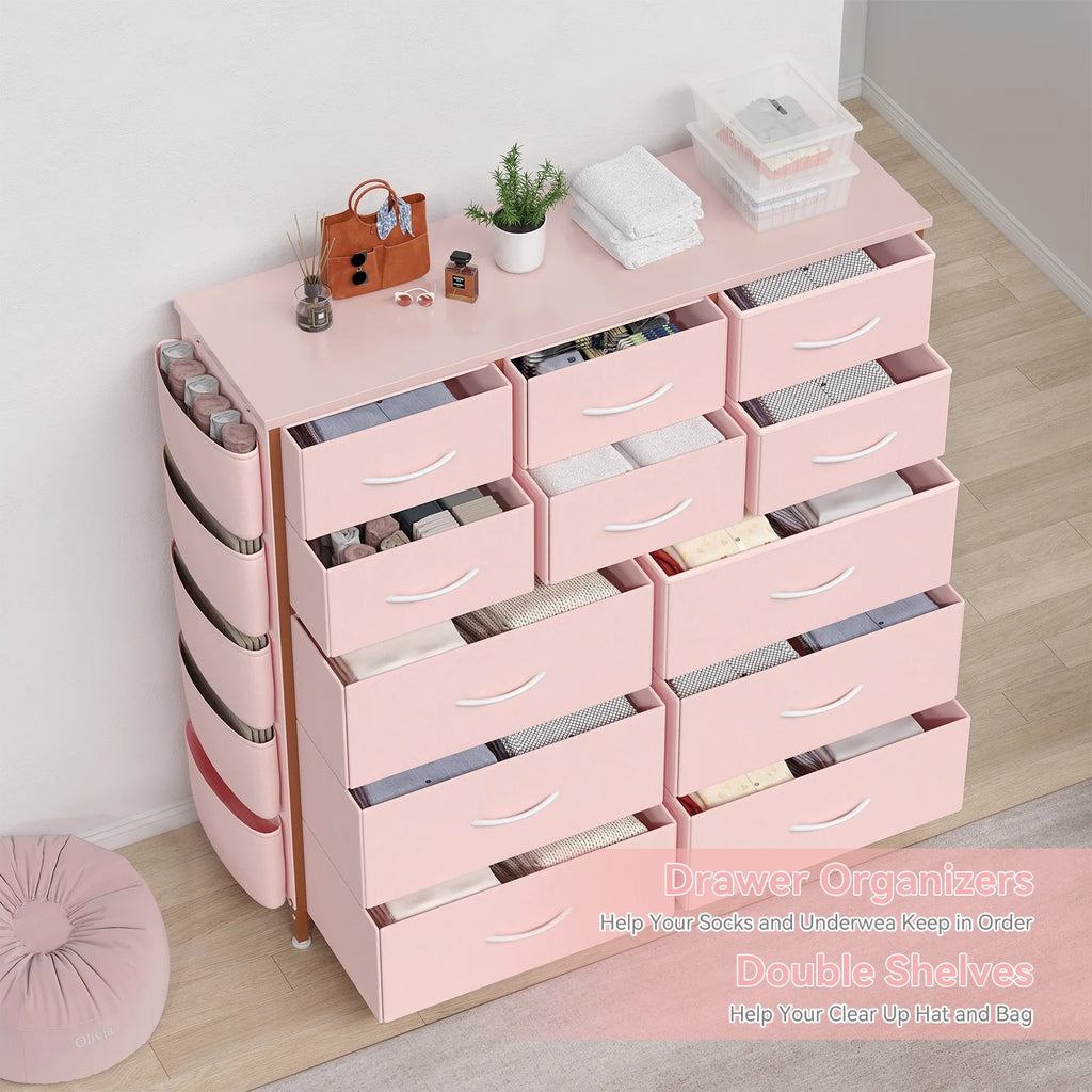 KATIDAP Dresser for Bedroom with 12 Drawer, Dressers & Chests of Drawers for Hallway, Entryway, Storage Organizer Unit with Fabric, Sturdy Metal Frame, Wood Tabletop, Easy Pull Handle,Pink