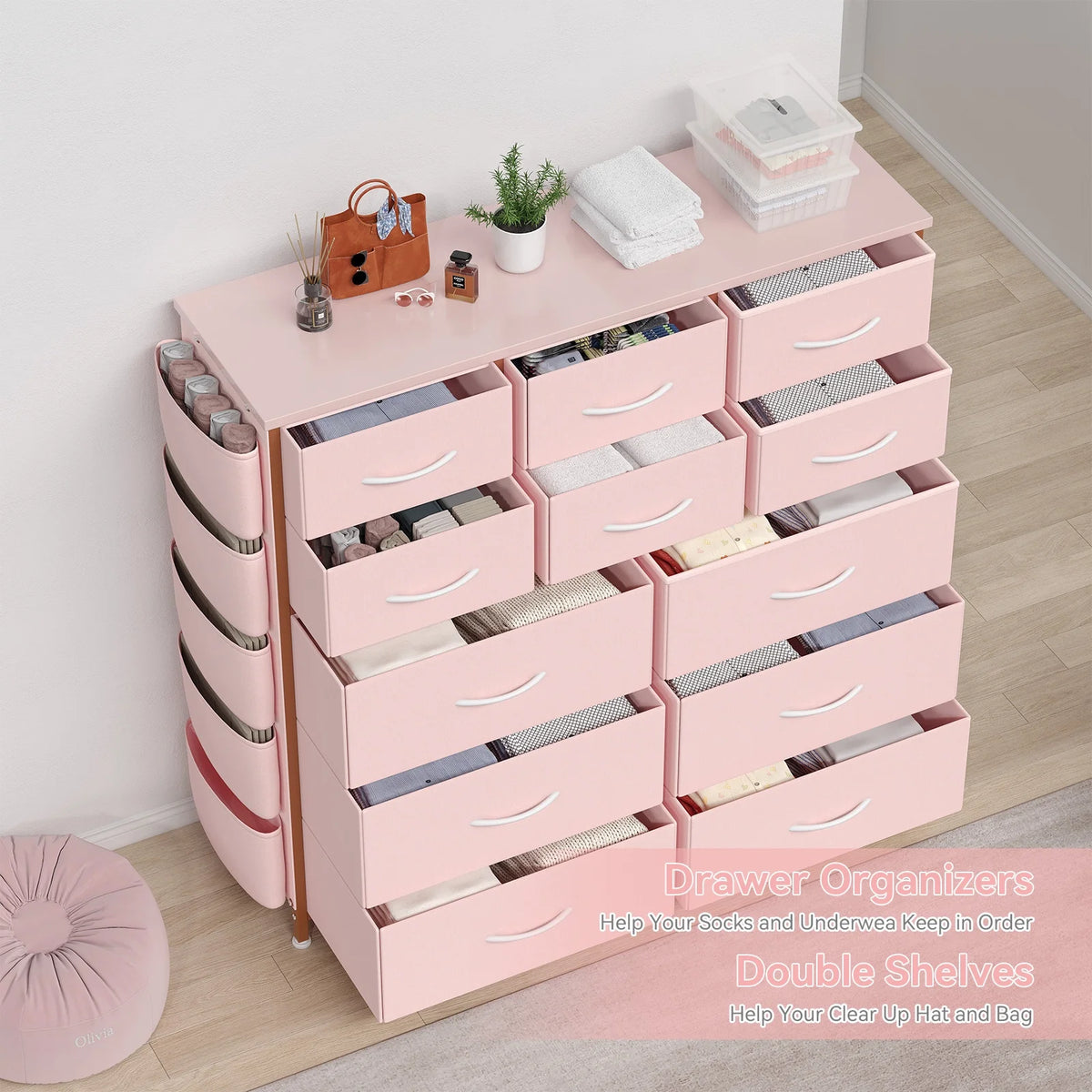 KATIDAP Dresser for Bedroom with 12 Drawer, Dressers & Chests of Drawers for Hallway, Entryway, Storage Organizer Unit with Fabric, Sturdy Metal Frame, Wood Tabletop, Easy Pull Handle,Pink