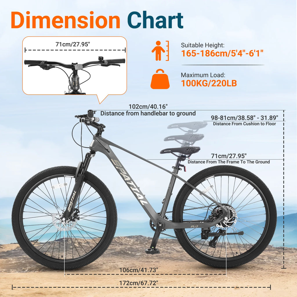 SPATIAL 24/26/27.5/29 inch Mountain Bike,8/21 Speed Lightweight Aluminum Magensium Frame Mountain Bicycle,Fits Men Women Teenagers Adult Disc Brake MTB Bicycle