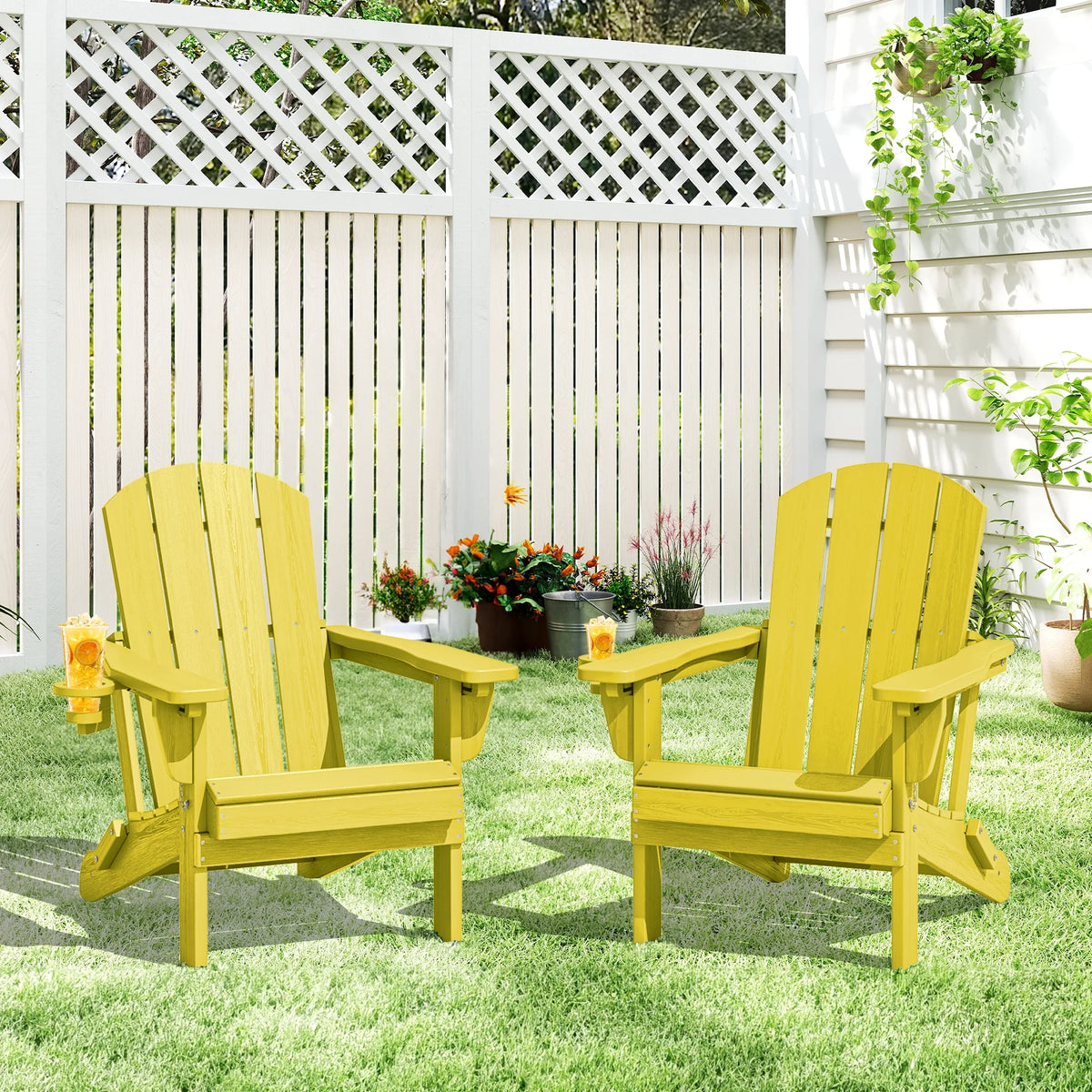 SERWALL Outdoor Adjustable Folding HDPE Adirondack Chairs Set of 2 with Cup Holder, Gray
