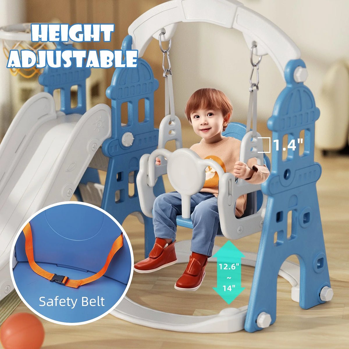 KORIMEFA 6-in-1 Kids Slide and Swing Set - Perfect for Toddlers 1-6 Years - Indoor and Outdoor Playground Slide, Swing, Basketball Hoop, and Climber Toy