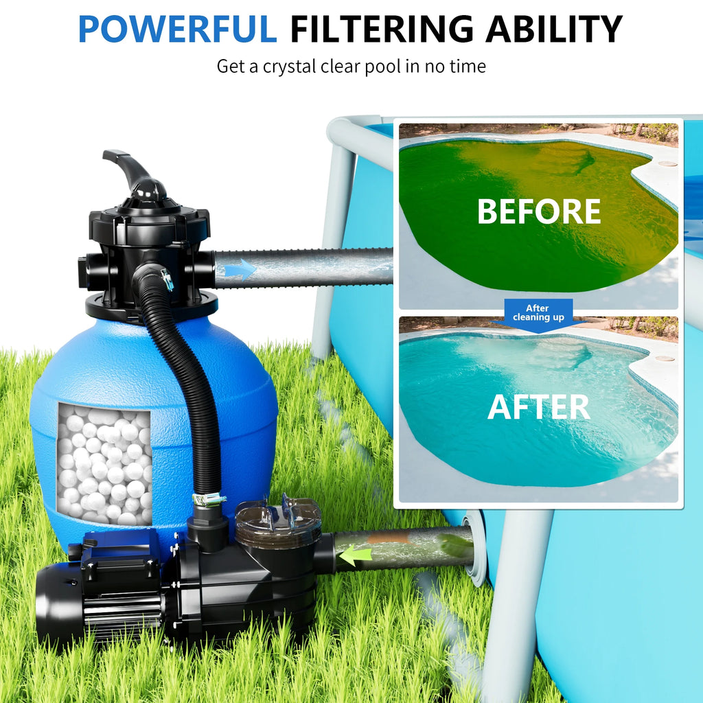 FOTING Sand Filter Pump for Above Ground Pool with Timer, 13in, Max 3800GPH for Pools Up to 13000GAL, 1HP, 6-Way Valve, Enhanced Circulation for Crystal-Clear Pool