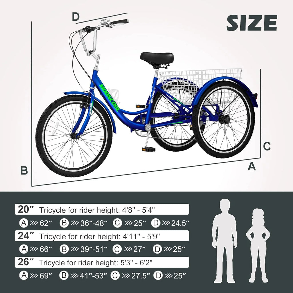 FICISOG 7 Speed Adult Tricycle for Women, 20/24/26 Inch Adult Trike with Basket, 3 Wheel Bikes for Adults Seniors, Cruise Trike for Shopping Picnic