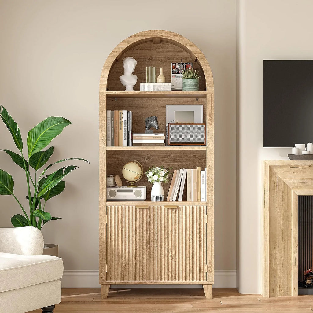 Bookshelf Arched Cabinet,5-Tier Arched Bookcase with Doors and Adjustable Shelves,Wooden Storage Cabinet with Open Display Shelf for Office,Living Room Light Oak