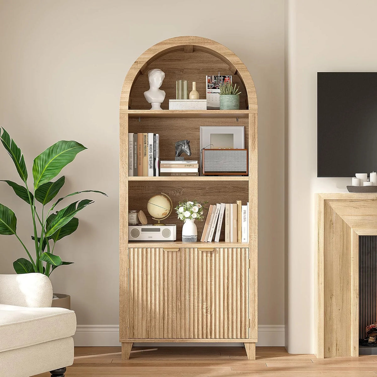 Bookshelf Arched Cabinet,5-Tier Arched Bookcase with Doors and Adjustable Shelves,Wooden Storage Cabinet with Open Display Shelf for Office,Living Room Light Oak