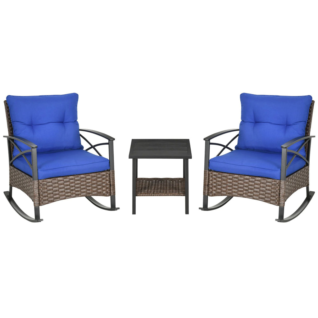 Outsunny 3pc Rocking Chair Set w/ Cushions, Wicker Bistro Set, Blue