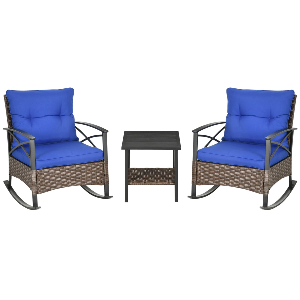 Outsunny 3pc Rocking Chair Set w/ Cushions, Wicker Bistro Set, Blue