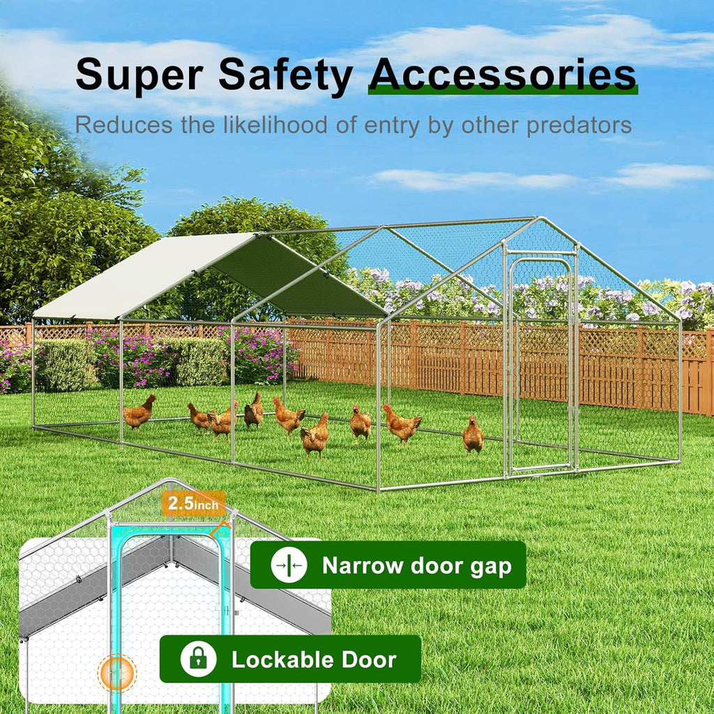 Large Metal Chicken Coop Walk-in Poultry Cage with Waterproof and UV-Resistant Cover Outdoor Chicken Run Hen Rabbit Duck House for Backyard Farm Use Spire Roof(10 W x 4.9 L x 6.4 H)