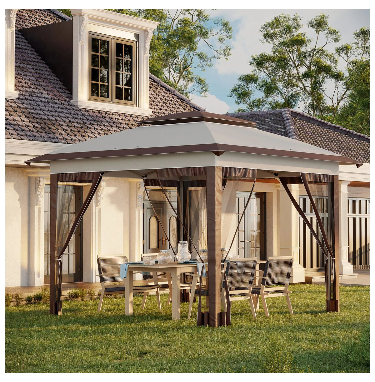 12' x 12' Pop Up Canopy Tent with Netting and Carry Bag, Instant Sun Shelter with 137 sq.ft Shade, Beige and Brown