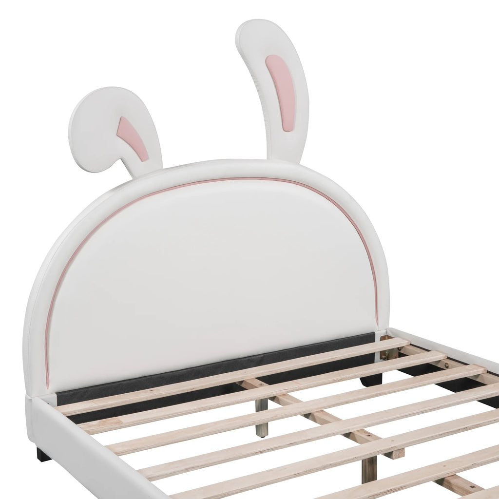 Euroco Upholstered Full Size Platform Bed, PU Cartoon Bunny Bed for Kids, Gray