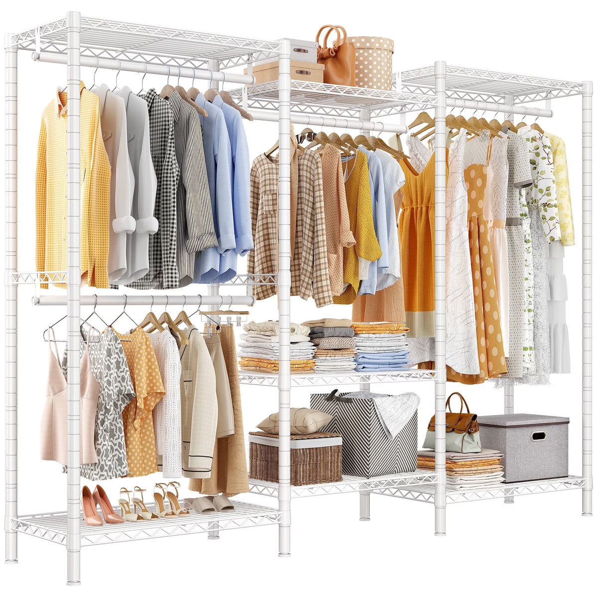 EnHomee 830 LBS Clothes Rack Heavy Duty Garment Rack with 4 Rods & 7 Shelves, Adjustable Metal Closet Organizer 77"H x 69"W x 16"D Black