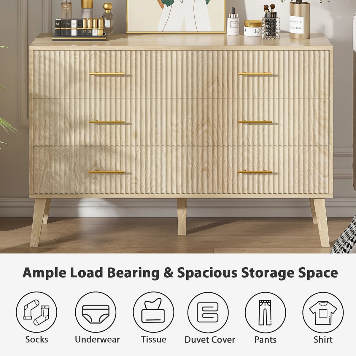 Fluted 6 Drawers Dresser, Wide Modern Chest of Drawers, 6 Drawer Double Dresser