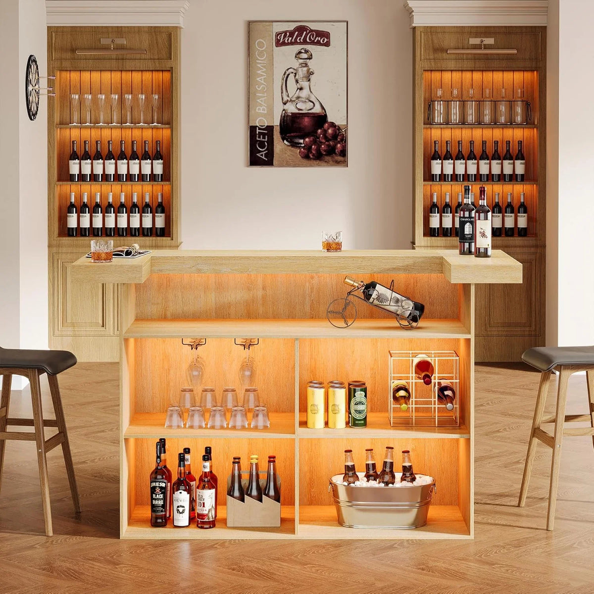 4-Tier Bar Table, 70.9-Inch Large Modern Home Bar Cabinet with Wine Glass Holder and Black Footrest