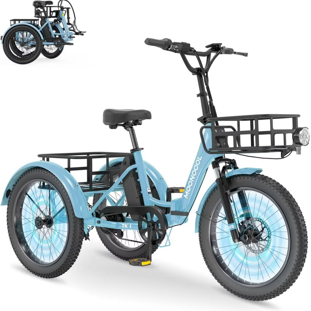 MOONCOOL TK1 Folding Electric Tricycle for Adults,48V 14.5Ah Removable battery, 500W Peak 1000w Motor, 20" Fat Tire Step-Thru 3Wheel Electric Bicycle w/Front&Rear Baskets, Certified to UL 2849 by SGS