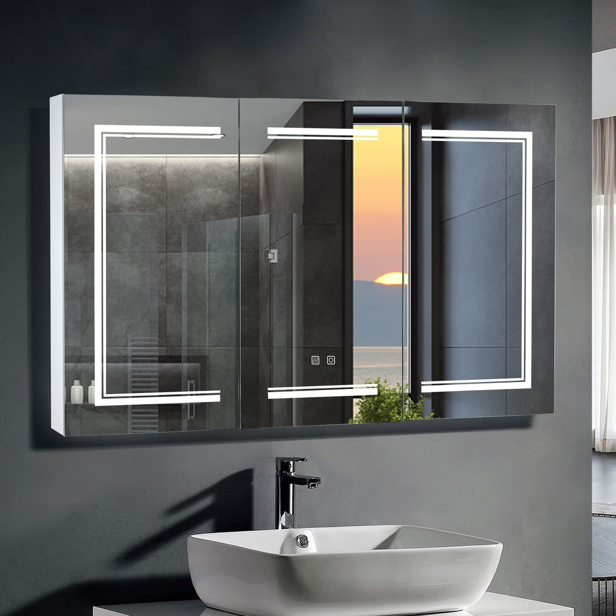 Ktaxon 48"x28" LED Bathroom Mirror Cabinet with Lights, Wall-Mounted Medicine w/ Defogger, Dimmable, Memory function, Outlets & USB, White