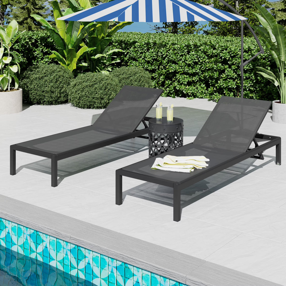 Outdoor Aluminum Mesh Chaise Lounges with Wheels and Adjustable Backrest, Black, Set of 2
