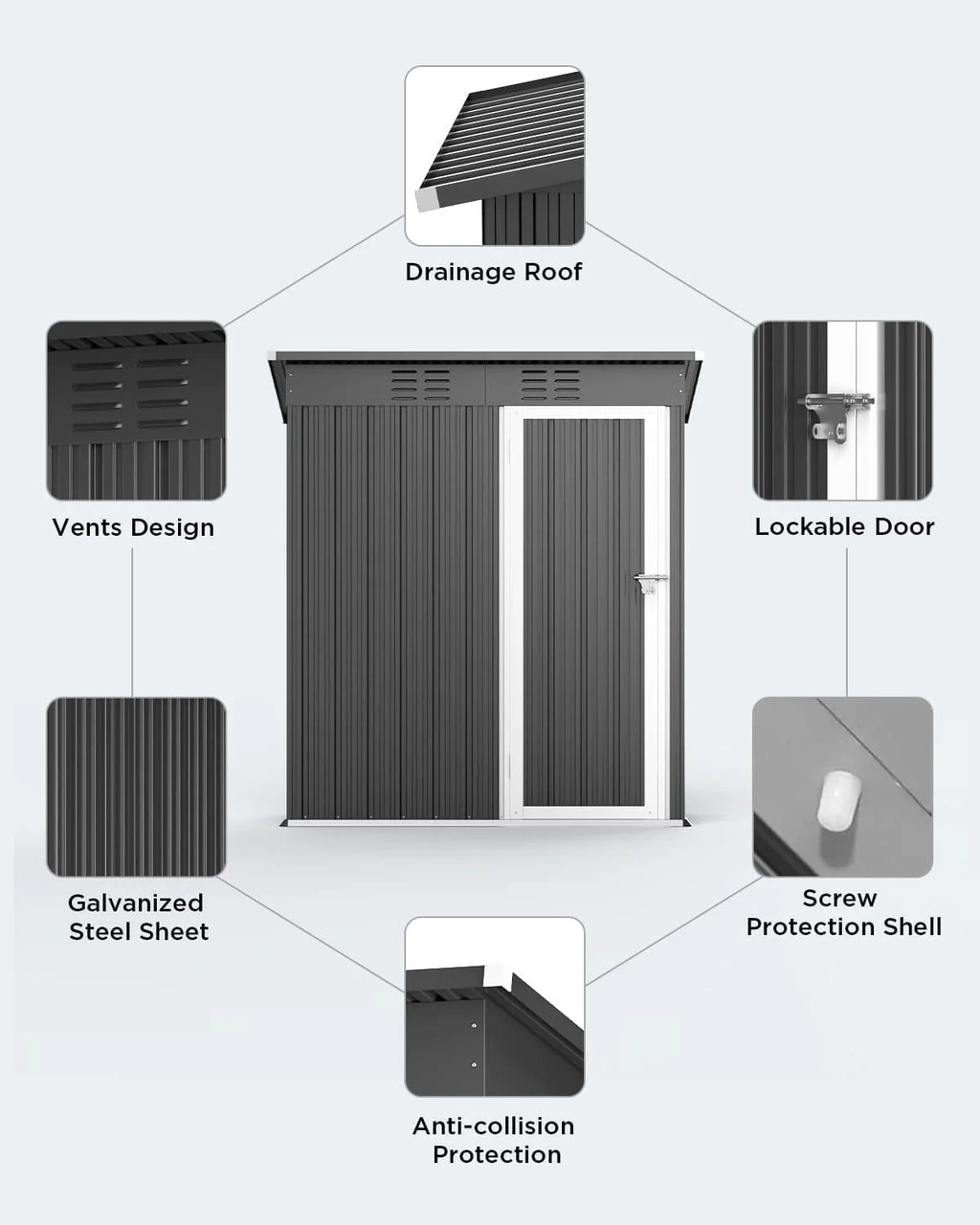 Aiho 5'x 3' Metal Outdoor Storage Shed for Patio Lawn Garden - Gray
